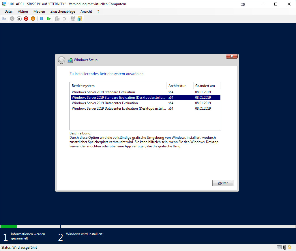 Installation Windows Server 2019 - Systemauswahl