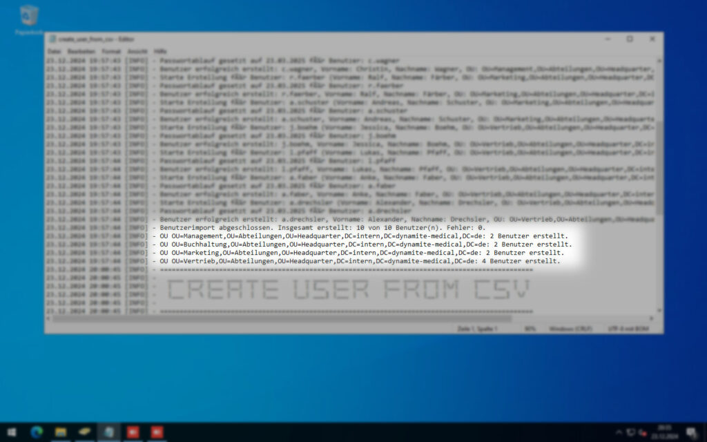 Ansicht der Log-Datei des PowerShell Script create_user_from_csv.ps1